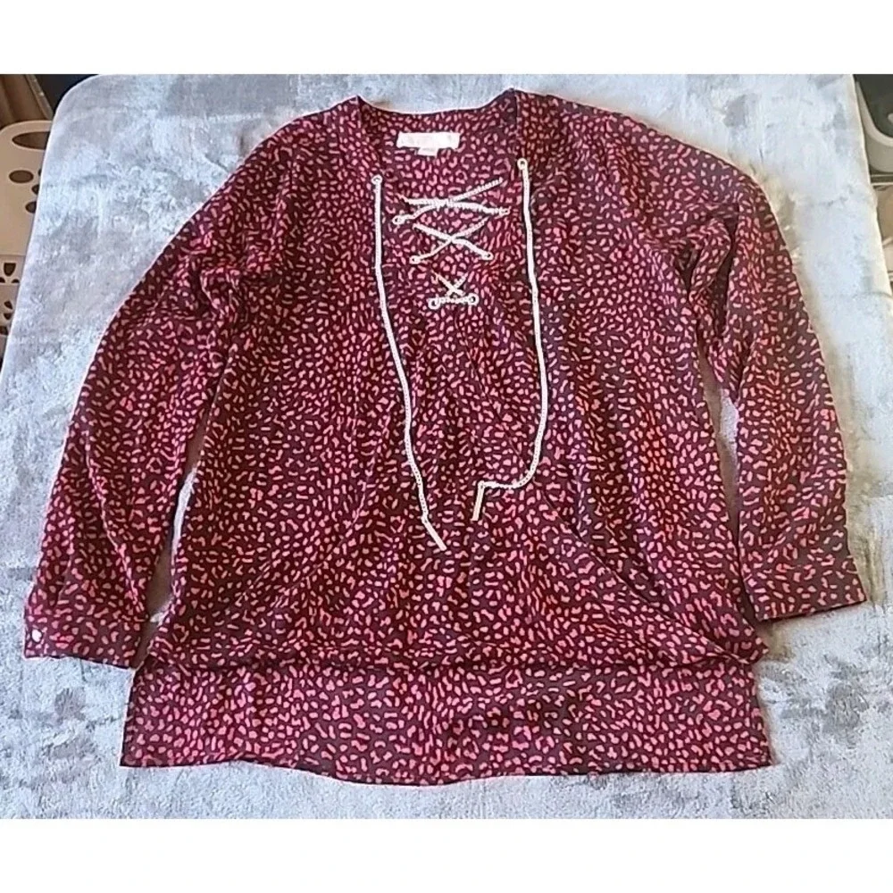 Womens Michael‎ Kors Chain Lace-Up Blouse Black Red Long Sleeve Size Small